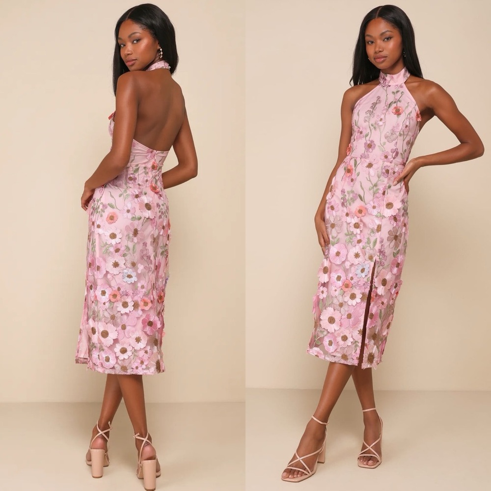 Lulu's Pink Floral Halter Midi Dress
